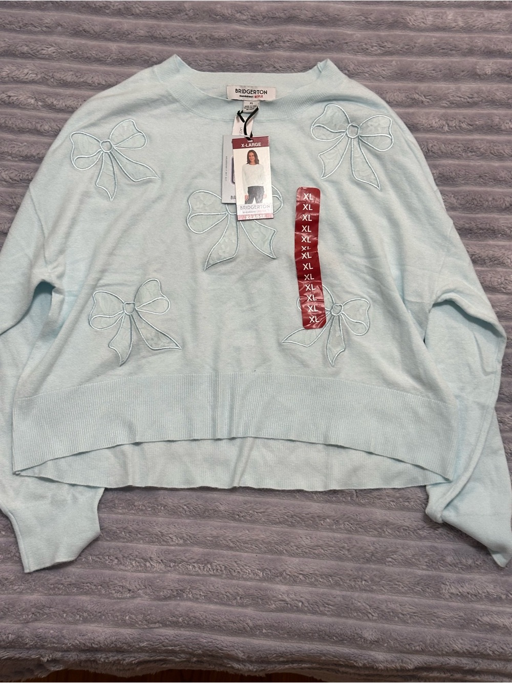Bridgerton Light Blue Embroidered Bow Crewneck Sweater